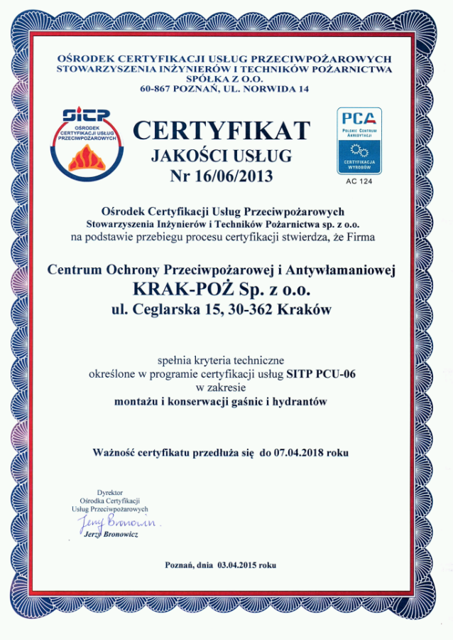 SITP PCA PCU-06 w zakresie montażu i konserwacji gaśnic i hydrantów Krak-Poż Sp. z o.o.
